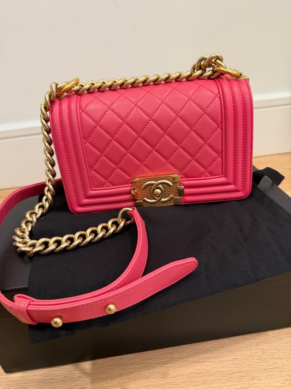 Chanel Boy Bag Quilted Lambskin Pink Gold Hardware